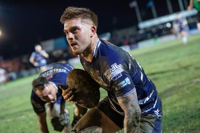 Featherstone Rovers' Morgan Smith celebrates his try. (ALLAN MCKENZIE/SWPIX)