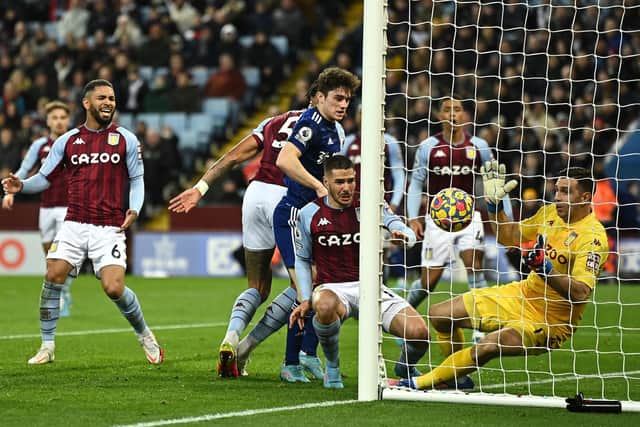 MAYHEM: Leeds United's Dan James converts the fifth goal within one half of football in Wednesday night's 3-3 draw at Villa Park. Photo by Clive Mason/Getty Images.