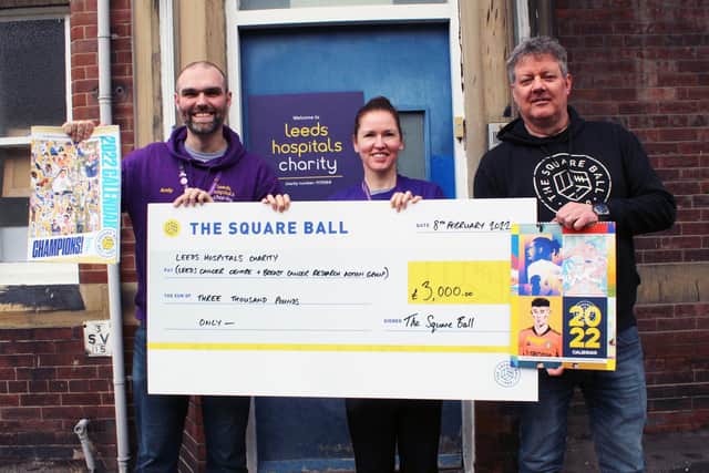 Paul O'Dowd from The Square Ball alongside Andy Roberts and Karen Lawrence from the Leeds Hospitals Charity at St James’s Hospital. Pic: The Square Ball
