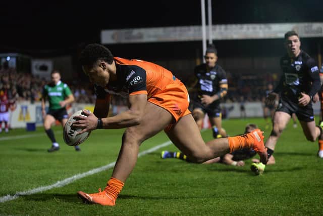 Derrtell Olpherts scores for Tigers against his former club. Picture by Bruce Rollinson.