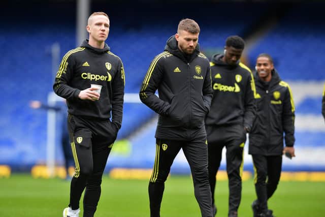 Adam Forshaw and Stuart Dallas check out the pitch at Goodison Park ahead of Leeds United's Premier League clash with Everton. Pic: Bruce Rollinson.