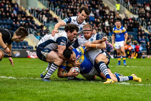 Zane Tetevano scores Rhinos' first try of the season. Picture by Tony Johnson.