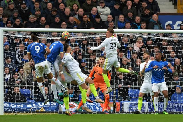 HEADING FOR TROUBLE: Leeds United fall 2-0 behind at Everton as Michael Keane nets from a 23rd-minute corner. Picture by Bruce Rollinson.