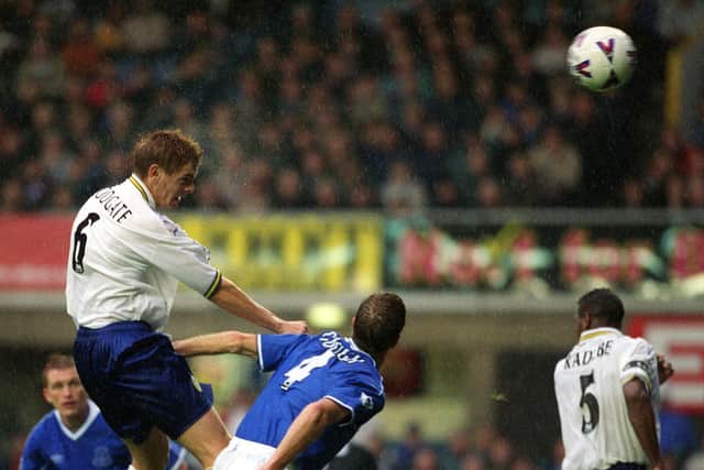 IN FRONT: A towering Jonathan Woodgate puts Leeds United 4-3 up and ahead for the first time at Everton only to pegged back for a 4-4 draw back in October 1999. Picture by Dan Oxtoby.