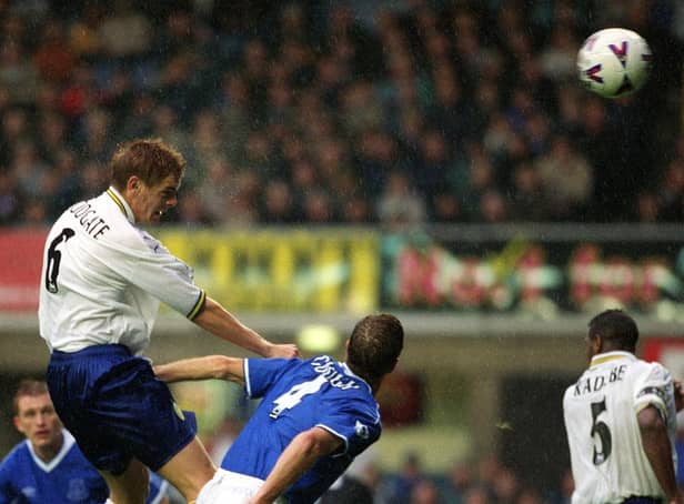 IN FRONT: A towering Jonathan Woodgate puts Leeds United 4-3 up and ahead for the first time at Everton only to pegged back for a 4-4 draw back in October 1999. Picture by Dan Oxtoby.