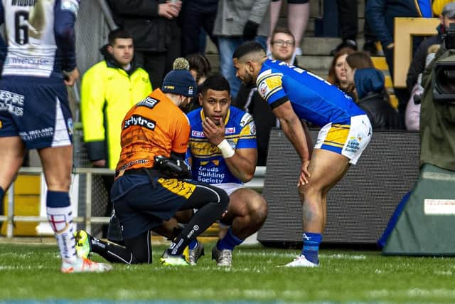 Leeds Rhinos David Fusitu'a receives treatment. Picture: Tony Johnson.