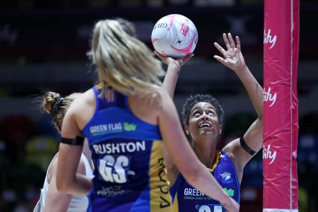 Rhea Dixon of Leeds Rhinos in action during the Vitality Netball Superleague Semi Final match between Loughborough Lightning and Leeds Rhinos at Copper Box Arena on June 26, 2021 in London, England. (Picture: Morgan Harlow/Getty Images)
