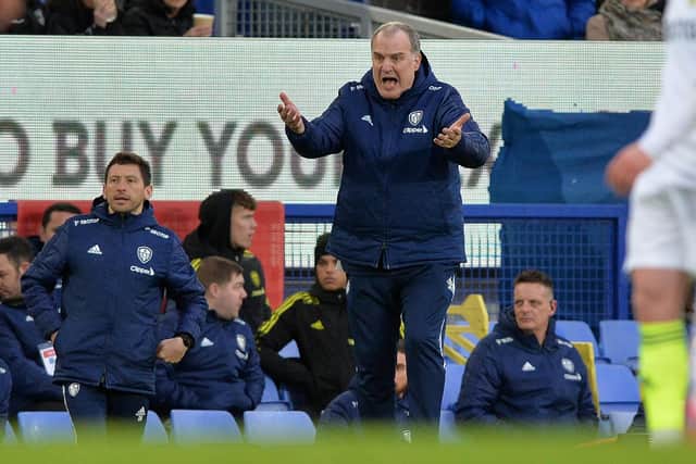 Marcelo Bielsa shows his frustration from the sidelines at Goodison Park.
 Picture: Bruce Rollinson.