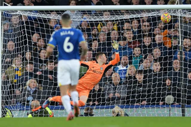 Illan Meslier makes a save at 
Goodison Park.
 Picture: Bruce Rollinson.