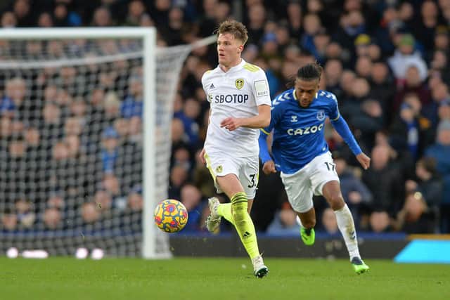 STRONG SHOWING: From 18-year-old Leeds United defender Leo Hjelde, front, in difficult circumstances at Everton. Picture by Bruce Rollinson.