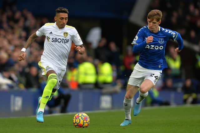 TAKEN OFF: Leeds United's star Brazilian winger Raphinha, left, pictured batting it out with Everton's Anthony Gordon, right during Saturday's 3-0 reverse at Goodison Park. Picture by Bruce Rollinson.