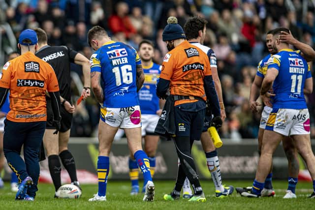 DOUBLE BLOW: Leeds Rhinos lost Richie Myler to injury and James Bentley to a red card early in Saturday’s opening-day defeat to Warrington Wolves. Picture: Tony Johnson/JPIMedia.