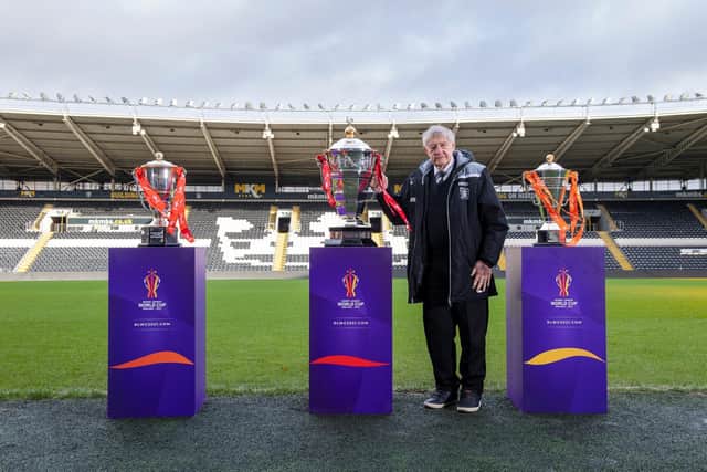 Johnny Whiteley with the RLWC2021 trophies at Hull's KCOM Stadium in December (ALLAN MCKENZIE/SWPIX)