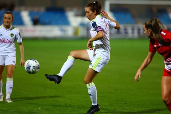 Leeds United Women skipper Catherine Hamill plays the ball. Pic: LUFC.