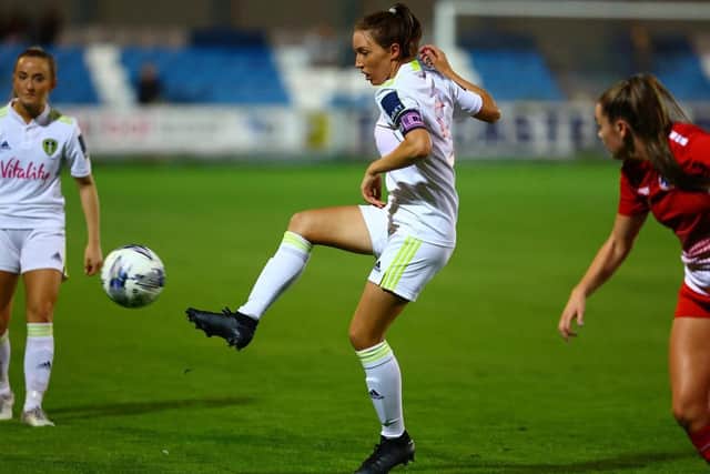 Leeds United Women skipper Catherine Hamill plays the ball. Pic: LUFC.