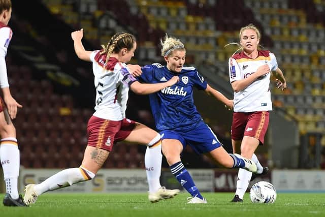 Sarah Danby sets up to play the ball during Leeds United's 1-0 defeat to Bradford City at Valley Parade in September. Pic: LUFC.