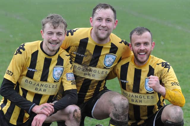 Pudsey Bojangles scorers Brodhi Wilkinson, Matthew Doran and Rob Nicholson after their 3-2 Luty Cup win over Western Juniors Old Boys. Picture: Steve Riding.