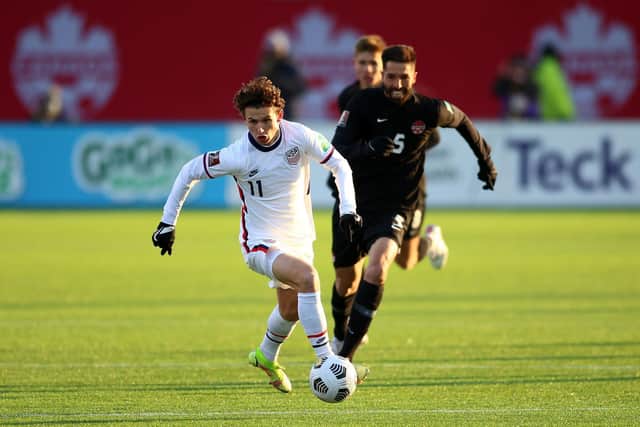 WHITES TARGET: RB Leipzig midfielder Brenden Aaronson, pictured in action for the United States in a World Cup Qualifier match against Canada in Ontario last month. Photo by Vaughn Ridley/Getty Images.