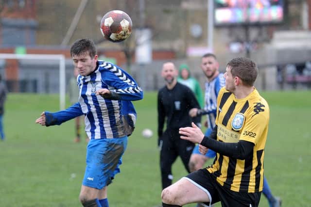 Kieran Deller heads goalwards for Western Juniors OB in their 3-2 Luty Cup defeat to Pudsey Bojangles. Picture: Steve Riding.