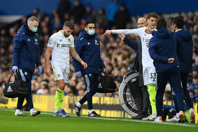 Stuart Dallas is substituted during Leeds United's 3-0 defeat to Everton. Pic: Gareth Copley.