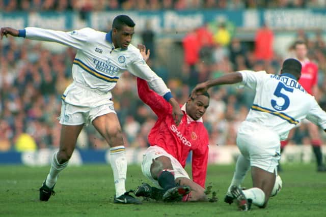 WARNING: From ex-Manchester United midfielder Paul Ince, centre, pictured in action for the Red Devils against Leeds United back in April 1994, sandwiched by Brian Deane, left, and Chris Fairclough, right. Picture by Clive Brunskill/ALLSPORT via Getty Images.
