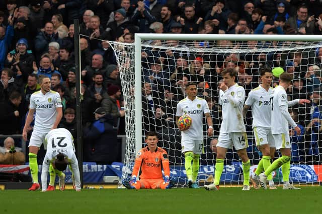 Leeds United look deflated following Michael Keane's goal during the Whites' 3-0 defeat to Everton at Goodison Park on Saturday. Pic: Bruce Rollinson.