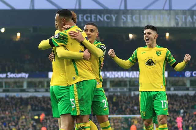 Norwich City celebrate scoring against Everton. The Canaries' recent uplift in form has taken them from bottom place to 18th. Pic: Stephen Pond.