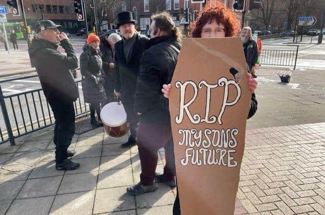 Angi Strafford, 41, at the protest today