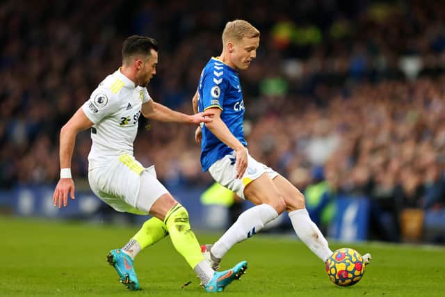 STRONG SHOWING: From Everton's Manchester United loanee Donny van de Beek, right, pictured battling it out with Leeds United's Jack Harrison in Saturday's Premier League clash at Goodison Park. Photo by Marc Atkins/Getty Images.