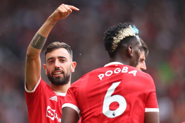 Bruno Fernandes praises his team-mate Paul Pogba as the pair combined well to overcome Leeds United with a 5-1 victory on the opening day of the 2021/2022 Premier League season. Pic: Catherine Ivill.
