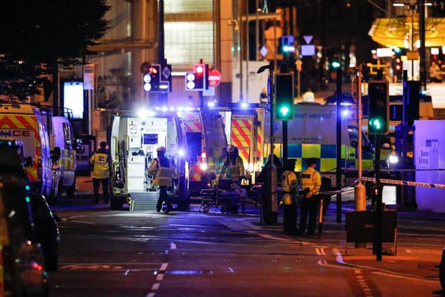 Emergency services surround the arena in Manchester following the detonation of a bomb at the end of an Ariana Grande concert on May 22 2017.