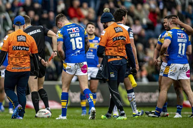 Off: Rhinos forward James Bentley's debut lasted just 16 minutes before he was sent off against Warrington. Picture: Tony Johnson