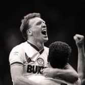 Brendon Ormsby celebrates scoring for Leeds United during the Whites' Division Two play-off final against Charlton Athletic in May 1987. Pic: YPN.