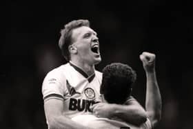 Brendon Ormsby celebrates scoring for Leeds United during the Whites' Division Two play-off final against Charlton Athletic in May 1987. Pic: YPN.
