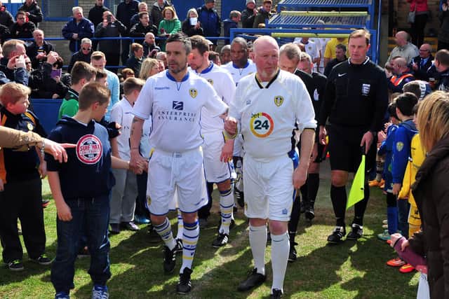 Brendon Ormsby dons the white of Leeds United once more for a benefit match at Farsely Celtic in April 2015. Pic: Tony Johnson.