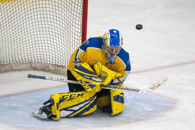 TOP DRAWER: Sam Gospel has excelled for Leeds Knights this season, the stats backing up the belief by many that he is the best netminder in NIHL National. Picture: Bruce Rollinson