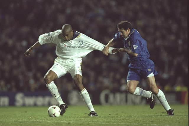 Brian Deane holds of Steve Clarke during Leeds United's 2-0 win over Chelsea in December 1996. Pic: Mark Thompson.