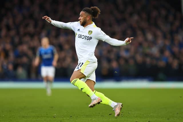 Leeds United forward Tyler Roberts in action against Everton. Pic: Marc Atkins.