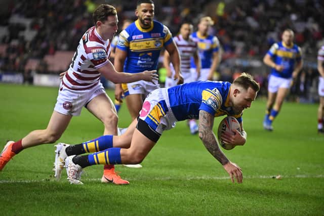 Debut score: Blake Austin scores the Rhinos first try on his Super League debut for the club against 
Wigan Warriors.  Picture: Bruce Rollinson