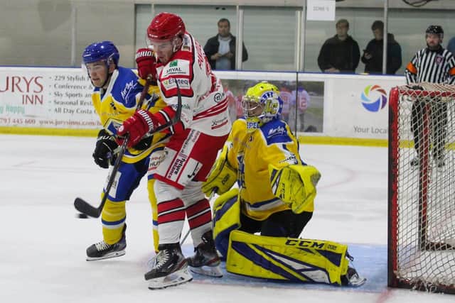 Sam Gospel finds the crease occupied during a clash at Swindon Wildcats. Picture courtesy of Kat Medcroft - Swindon Wildcats