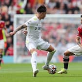 KEY MAN: Manchester United's Bruno Fernandes, right, pictured turning Leeds United's Robin Koch in August's clash between the Red Devils and Whites at Old Trafford. Photo by Alex Morton/Getty Images.