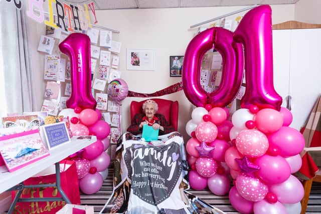 Irene Downes has celebrated her 101st birthday surrounded by hundreds of cards from generous strangers after care home staff launched an appeal on social media.