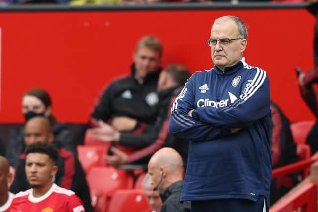 DIFFERENT: When Leeds United face arch rivals Manchester United admits Whites head coach Marcelo Bielsa, above, pictured during August's 5-1 defeat at Old Trafford. Photo by ADRIAN DENNIS/AFP via Getty Images.