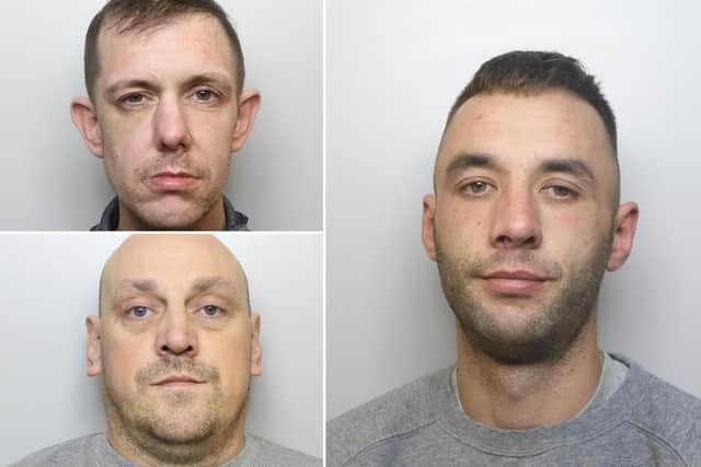Clockwise from top left, burglars Christopher Thrush, Thomas Knowles and Peter Saville each appeared before Leeds Crown Court.