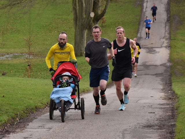 Phill Taylor, pushing a buggy, earned 10th spot at Sewerby Parkrun
