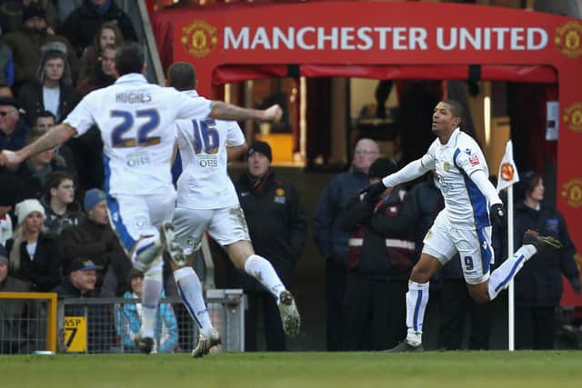 Jermaine Beckford celebrates his FA Cup third round goal against Manchester United at Old Trafford. Pic: Alex Livesey.