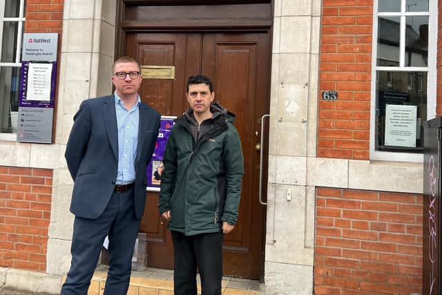 Pictured is Alex Sobel MP (right) and Councillor Jonathan Pryor (left) outside Nat West in Headingley. Photo: Alex Sobel