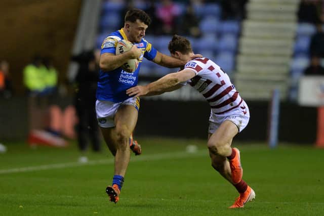 Liam Tindall got Leeds Rhinos on the front foot against Wigan Warriors but also picked up a card. Picture: Bruce Rollinson/JPImedia.