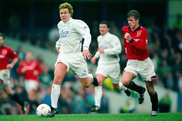 BLAST FROM THE PAST: Tomas Brolin gets away from a young David Beckham as Leeds United record a 3-1 victory against Manchester United back on Christmas Eve of 1995. Photo by Clive Brunskill/Allsport/Getty Images.