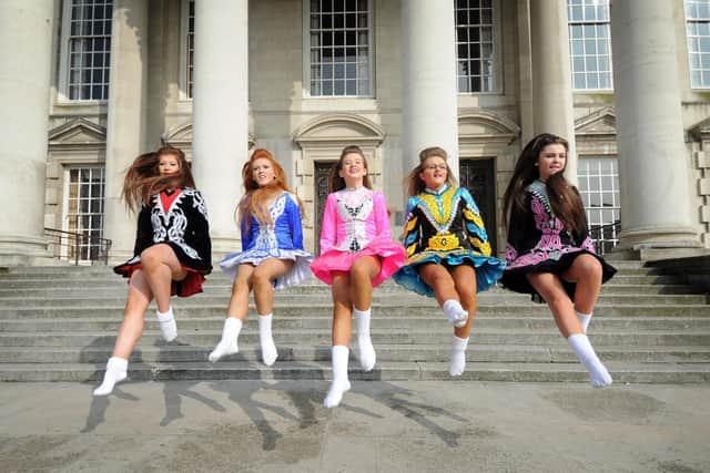 St Patricks Day Parade, Leeds. Irish Dancers from the Leeds Academy. Pictured from the left are Kennedy Gallon, Niamh Maloney, Alana Mountain, Holly Murphy and Sinead O'Hara on 13 March 2016. Photo: Simon Hulme